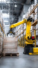 A robotic arm loads and moves boxes in a warehouse setting.Warehouse automation robot arm conveyor belt boxes logistics distribution center technology industry.