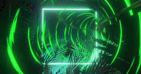 Creating futuristic vibe, neon green geometric shapes with palm leaves image