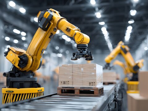 A robotic arm loads and moves boxes in a warehouse setting.Warehouse automation robot arm conveyor belt boxes logistics distribution center technology industry. - Powered by Adobe