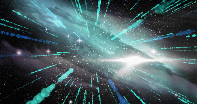 Naklejki Image of cosmic explosion with dynamic light streaks and stars in space