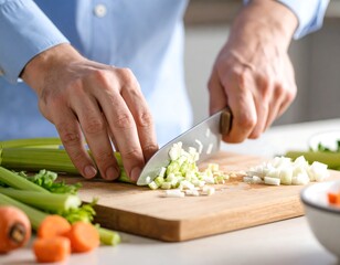 Close up of hands dicing celery and onion on wooden cutting board Kitchen cooking scene