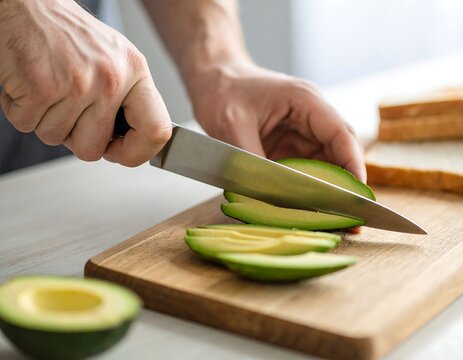 Man's hands slicing avocado on wooden cutting board with knife Slices of avocado and bread in background