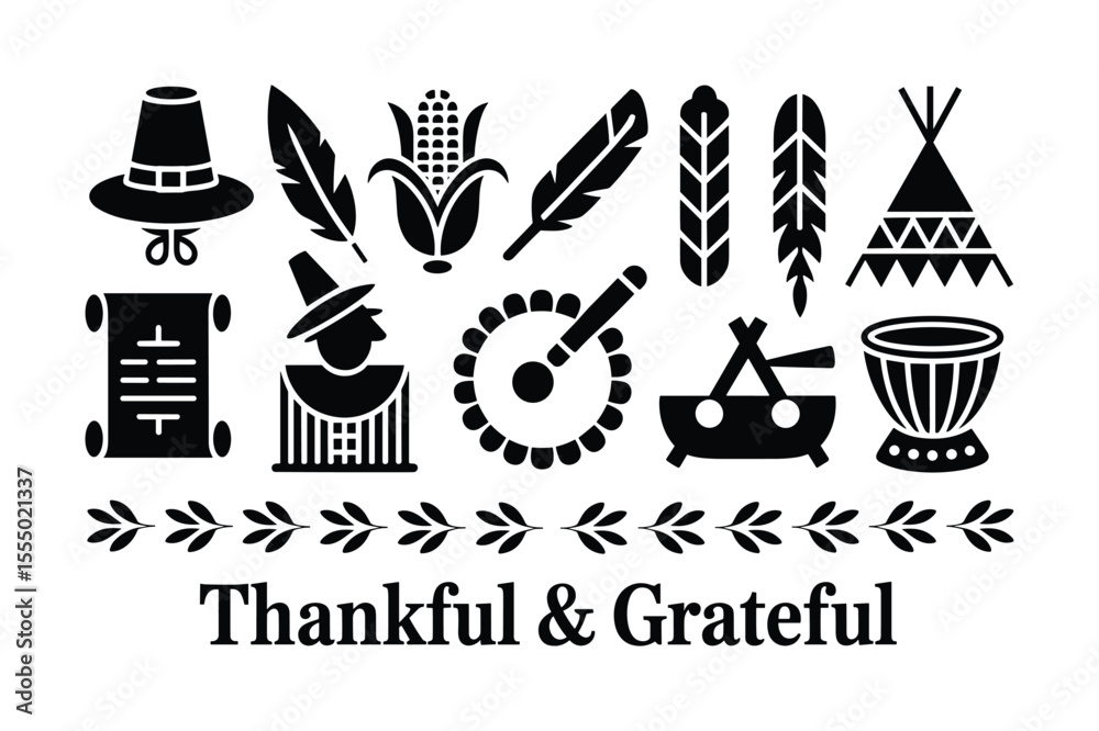 Fototapete pilgrim hat corn feathers scroll teepee drum and text vector