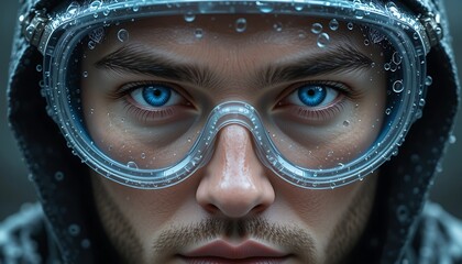 Close-up portrait of a man wearing safety goggles with water droplets