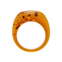 A vibrant amber ring with embedded natural inclusions, showcasing elegance against a clean background