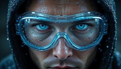 Intense Close Up of a Man Wearing Protective Goggles with Raindrops