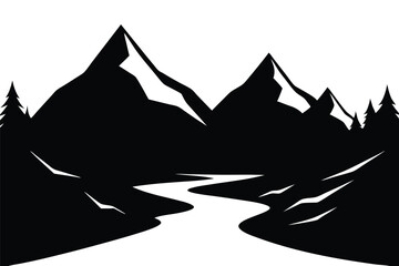 Landscape with silhouettes of mountains and Mountain river. Nature background. Vector illustration. Old style black and white mountain vector design