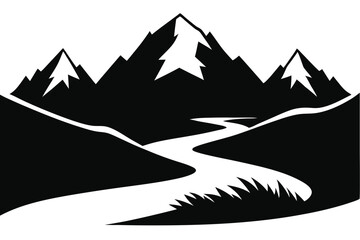 Landscape with silhouettes of mountains and Mountain river. Nature background. Vector illustration. Old style black and white mountain vector design