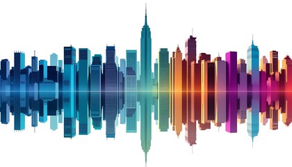 Abstract Colorful Cityscape with Reflections on a White Background