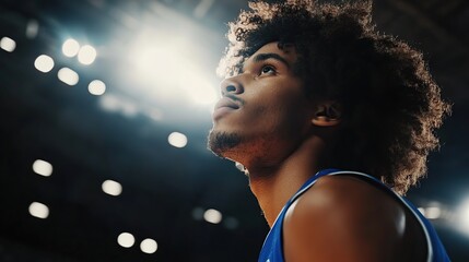 Intense Basketball Player Looking Upward in Arena