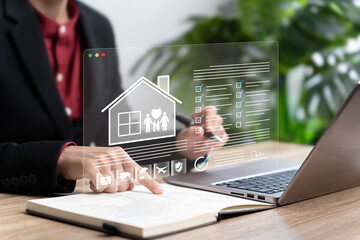 Home protection insurance, House documents signed, Purchase and sale contracts concept, Women's estate documents signed and check condition insurance,Real estate investment Property insurance security