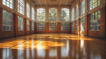 bright and clean multipurpose gym with wooden floor and court lines, large windows, empty interior 