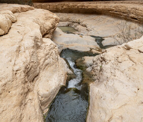Small  waterfall and the small lake in Arugot Stream Nature Reserve near the Dead Sea in the southern Israel