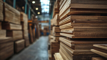 Obraz premium warehouse interior with neatly stacked wooden boards and carpentry materials 
