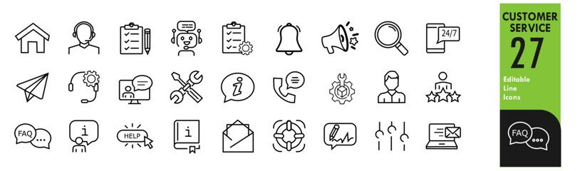 Customer service set of web icons in line style. Help and support. Support and service icons for web and mobile app. Online help, assistance, customer, 24 hrs, service and more. Vector illustration