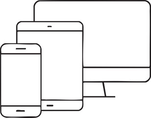 Minimalist Line Art Illustration of Modern Electronic Devices Desktop Computer Tablet and Smartphone simple black