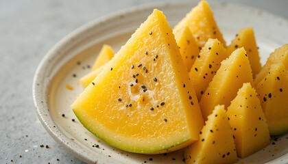 Close-up of Yellow Watermelon Slices Sprinkled with Black Seeds
