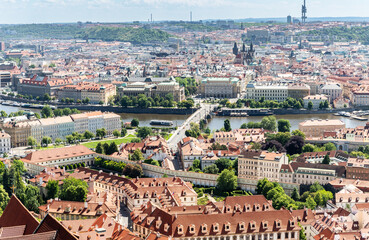 View of the Vltava and Old Town from bell tower of St Vitus Cathedral in the Prague in Czech Republic