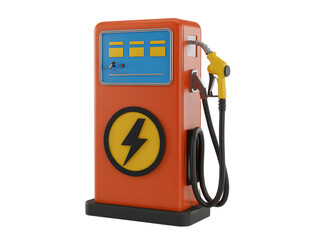 Fototapeta premium An orange electric vehicle charging station with a yellow nozzle and lightning bolt symbol against a transparent background showcases eco-friendly energy.