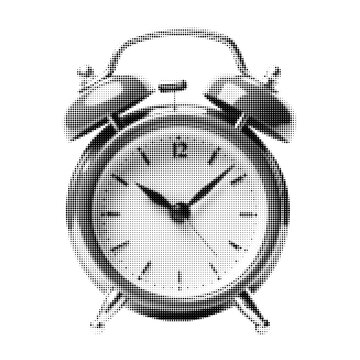 Vintage halftone alarm clock illustration in retro engraving style, black and white stippling design perfect for pop art, punk, gothic, or nostalgic collage backgrounds