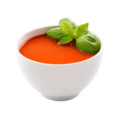 Tomato Soup with Fresh Basil in White Bowl, Isolated