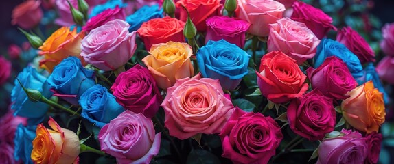 Colorful roses in various shades, including pink, purple, orange, and blue, arranged together in a vibrant floral display.