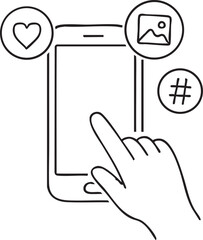 Hand Interacting with Social Media Icons on a Smartphone Screen in Simple Line Art hand
