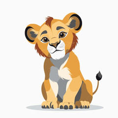 Obraz premium Cute lion cub with orange fur blacktipped tail and expressive eyes sits on white background