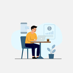 Man working remotely analyzing financial data from laptop at cafe with monimal icon background,Modern business vector flat design
