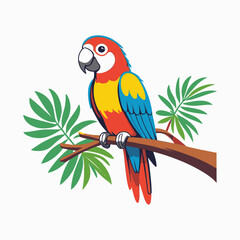 A vibrant parrot sits on a branch surrounded by lush green leaves