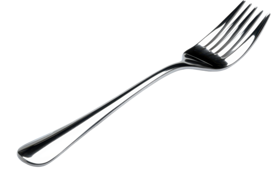 Elegant stainless steel fork resting on a transparent surface with soft lighting highlighting its polished design and intricate details, creating a minimalist dining aesthetic