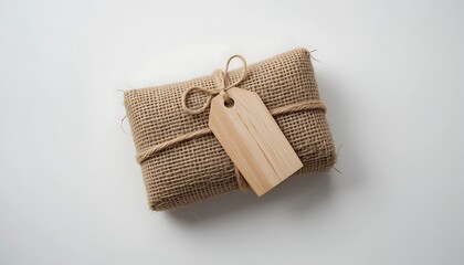 Rustic Gift Wrapped in Burlap with Wooden Tag on a White Background