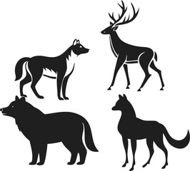Wild Animals Silhouettes Deer Wolf Bear Fox Icons Vector Art