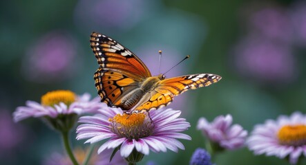Obraz premium Butterfly perched on a flower with purple petals and yellow center. Nature and insect, pollination, beauty, and wildlife. The concept of butterflies and flowers.