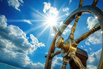 The golden steering wheel of the ship is set against a blue sky background with white clouds