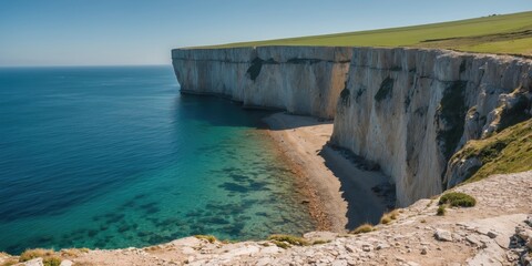 Cliffs by the sea with a small beach and clear water, under a partly cloudy sky. Coastal landscape with white chalk cliffs and lush greenery at the top.