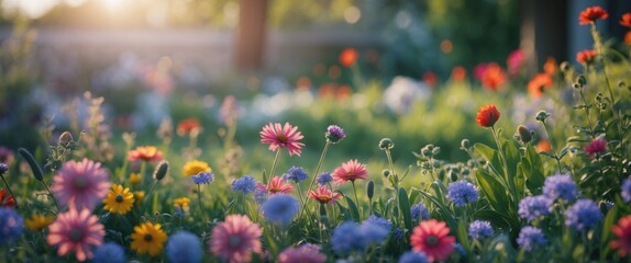 Obraz premium Colorful garden of flowers with vibrant pinks, purples, yellows, and reds in a lush, sunny setting. Bright, lively, and blooming nature scene.