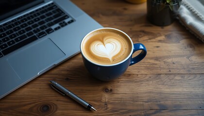 Coffee cup with latte art beside laptop and pen on wooden desk