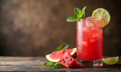 Artisanal Watermelon Cocktail with Fresh Garnishes on Rustic Wooden Surface