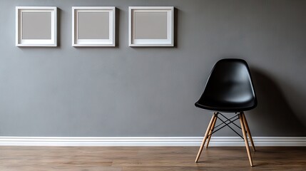Empty picture frames on a gray wall with a black chair.