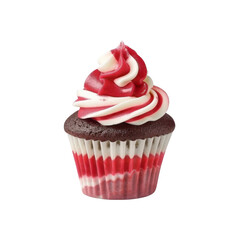 Delicious Red and White Swirled Cupcake on Black Background
