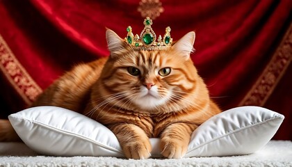 A Majestic Ginger Cat Wearing a Crown on a Luxurious Throne