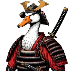 A Fierce Duck Warrior in Detailed Japanese Armor with a Katana on a White Background