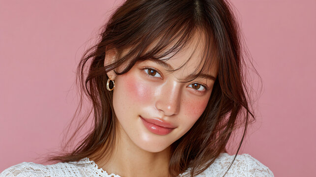 Minimalist Beauty Shot of Young Korean Woman with Glossy Lips and Aegyo Sal Makeup