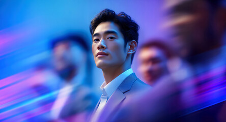 Asian business visionary illuminated by purple and blue motion trails in modern workplace