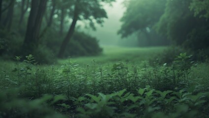 Fototapeta premium Lush green forest scene with dense foliage and tall trees, creating a serene and natural environment.