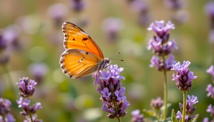Obraz premium a macro photo of a butterfly resting on a blooming lavender flower in early morning light, soft focus background of meadow, natural wildlife scene