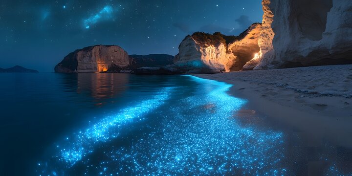 Bioluminescent waves washing onto a sandy beach under a starry night sky near rock formations