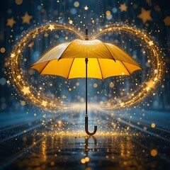 Golden Umbrella Sparkling in Rain with Glowing Stars and Bokeh Effect