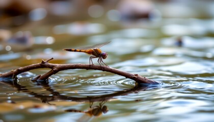 Obraz premium a dragonfly resting on a thin twig above a slow moving stream, greenish reflections and sky bokeh in the water surface